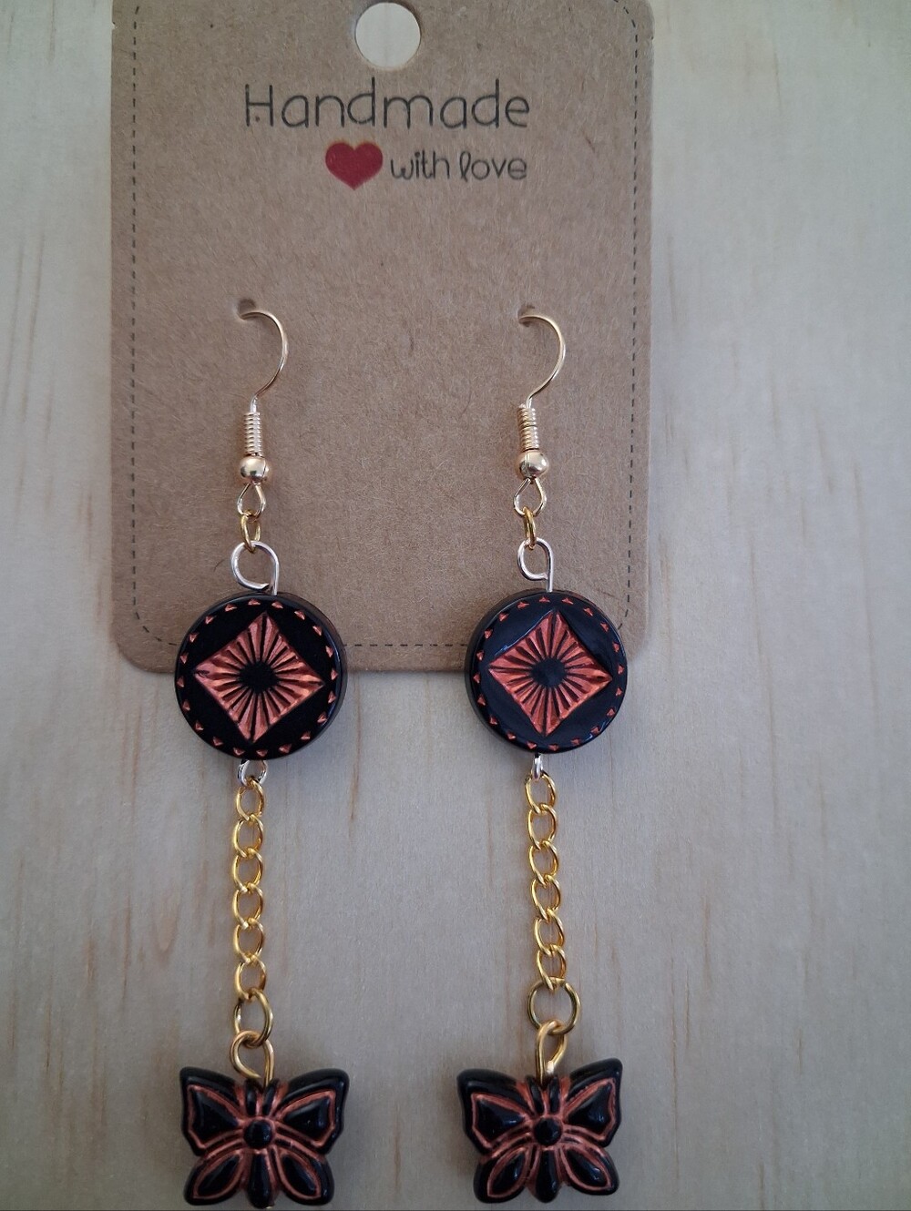 Handmade Gold & Black Butterfly Drop Earrings - Copper Accent